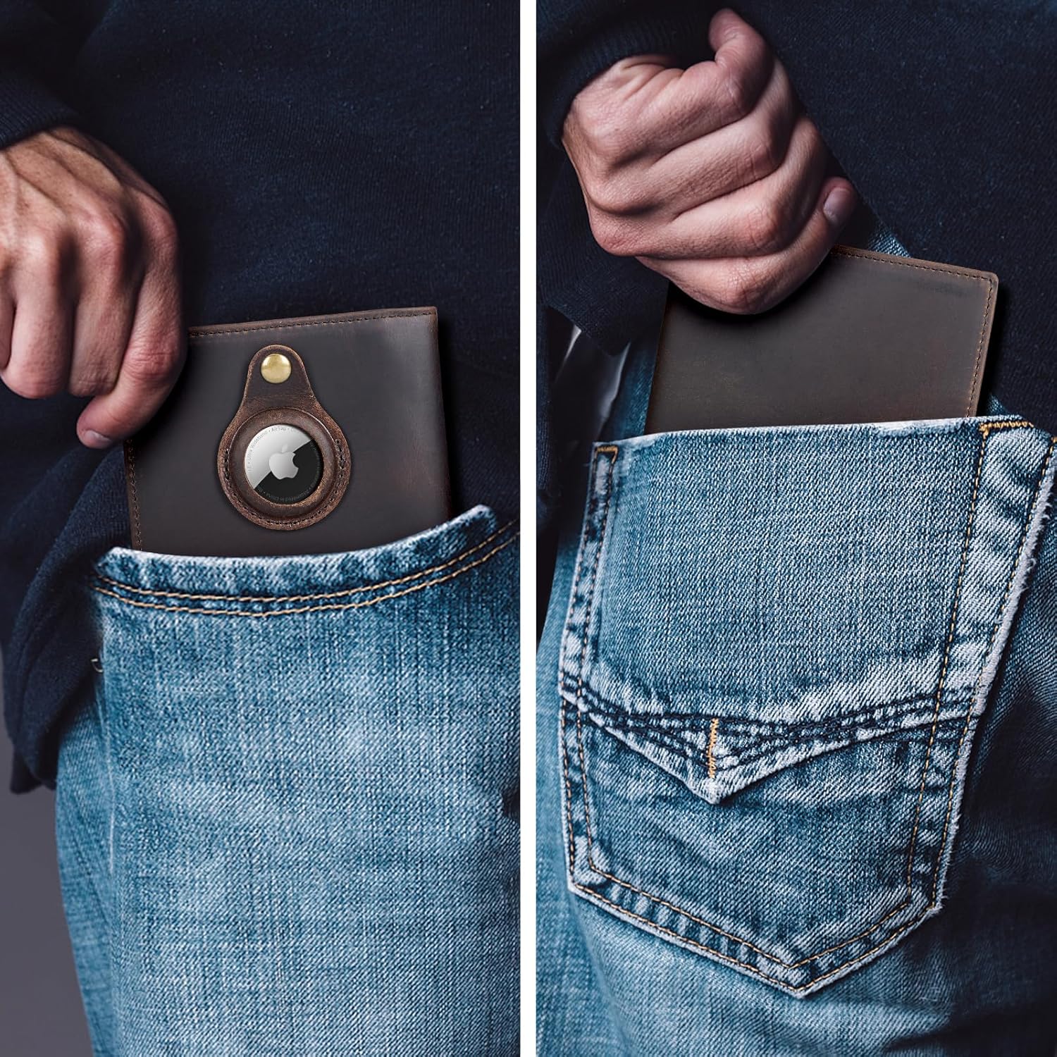 Leather Passport Holder Air Tag Slot RFID Slim Bifold Wallet