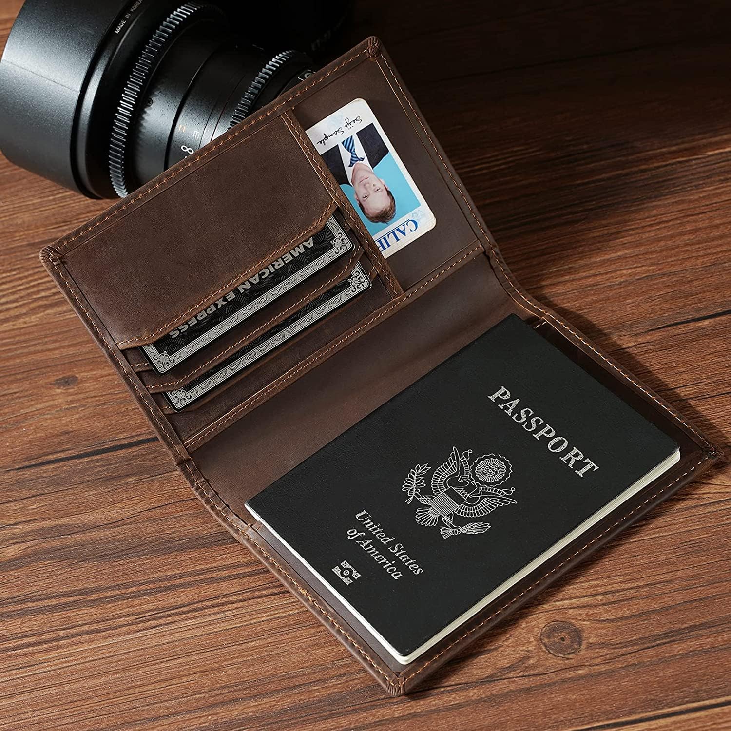 Leather Passport Holder Air Tag Slot RFID Slim Bifold Wallet