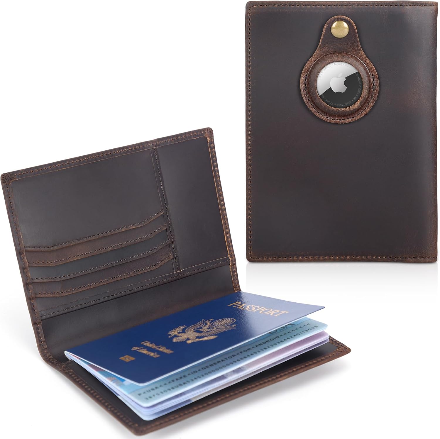 Leather Passport Holder Air Tag Slot RFID Slim Bifold Wallet