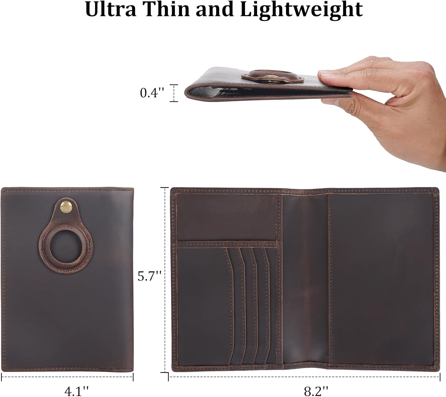 Leather Passport Holder Air Tag Slot RFID Slim Bifold Wallet