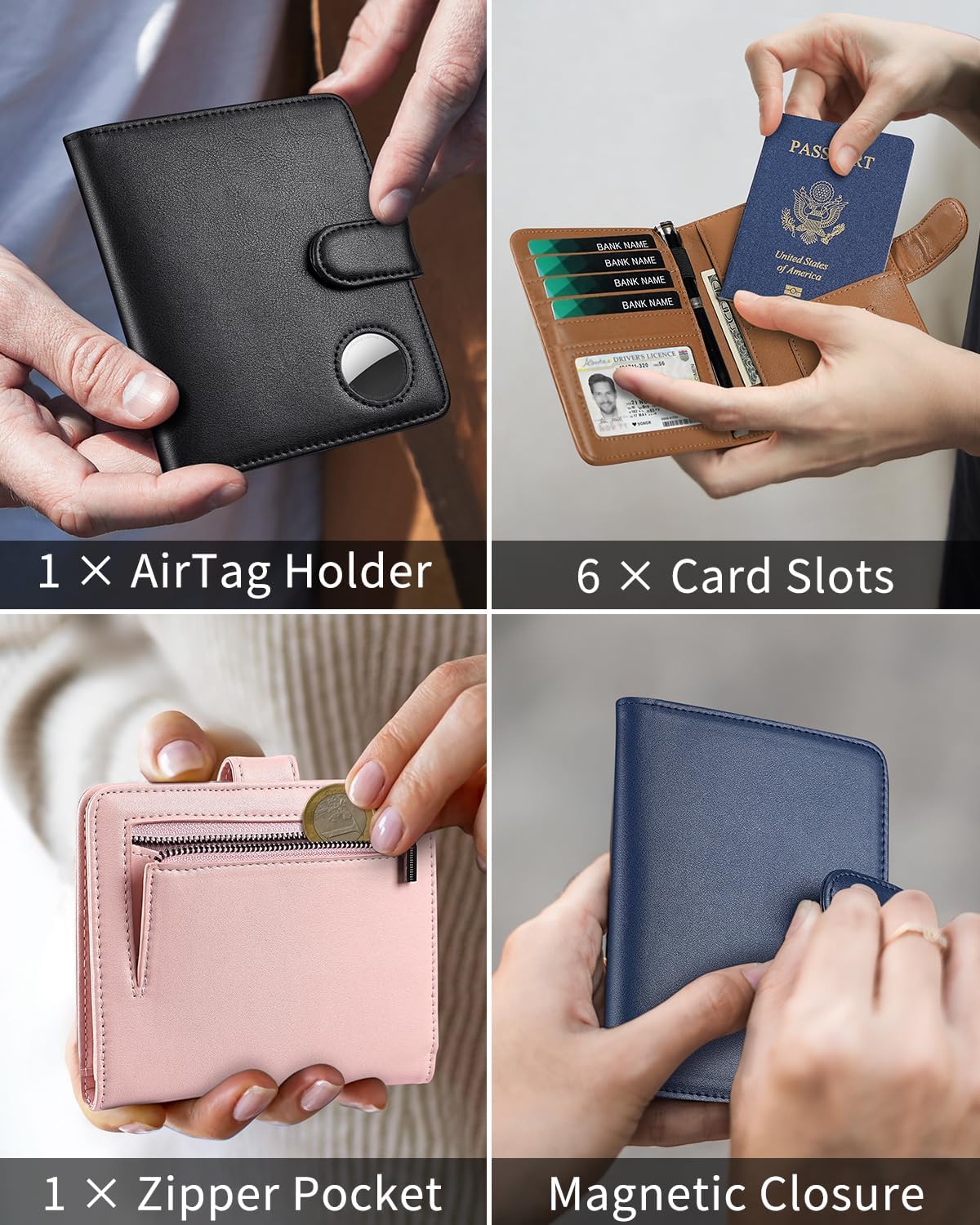 Leather passport holder with AirTag slot and RFID blocking, perfect for travel and secure storage.