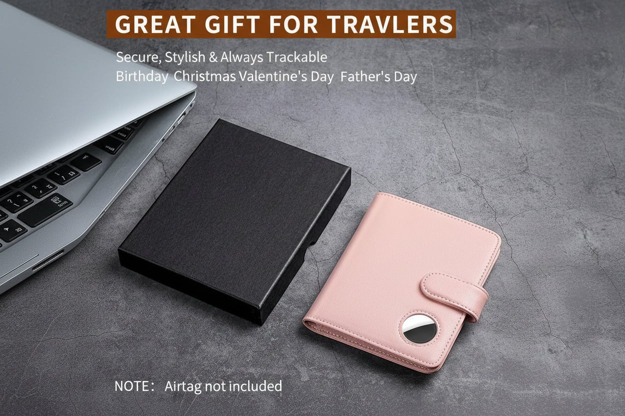 Leather passport holder with AirTag slot and RFID blocking, perfect for travel and secure storage.