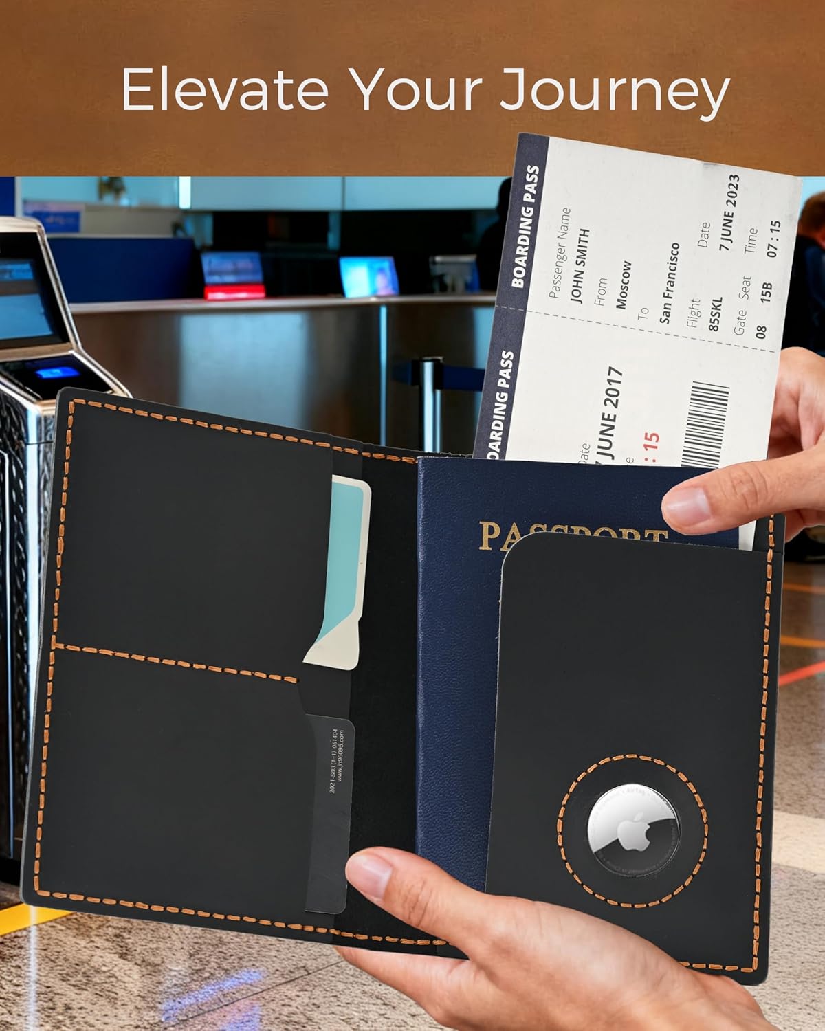 Leather passport holder with AirTag slot, RFID blocking, slim travel wallet.