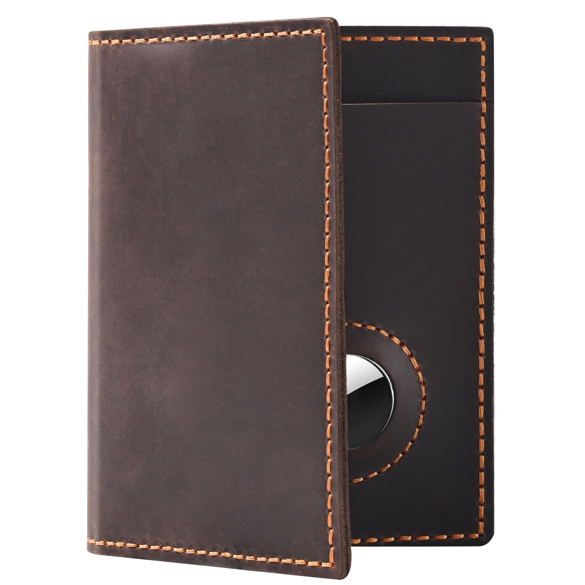 Leather Passport Holder with AirTag Slot RFID Slim Travel Wallet