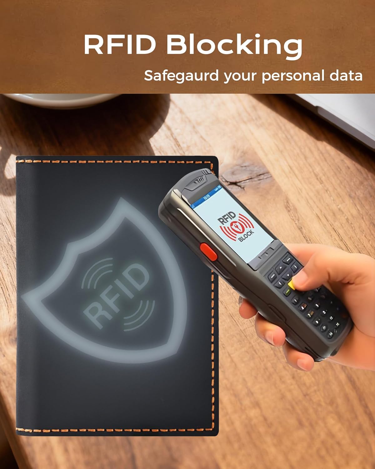 Leather passport holder with AirTag slot, RFID blocking, slim travel wallet.