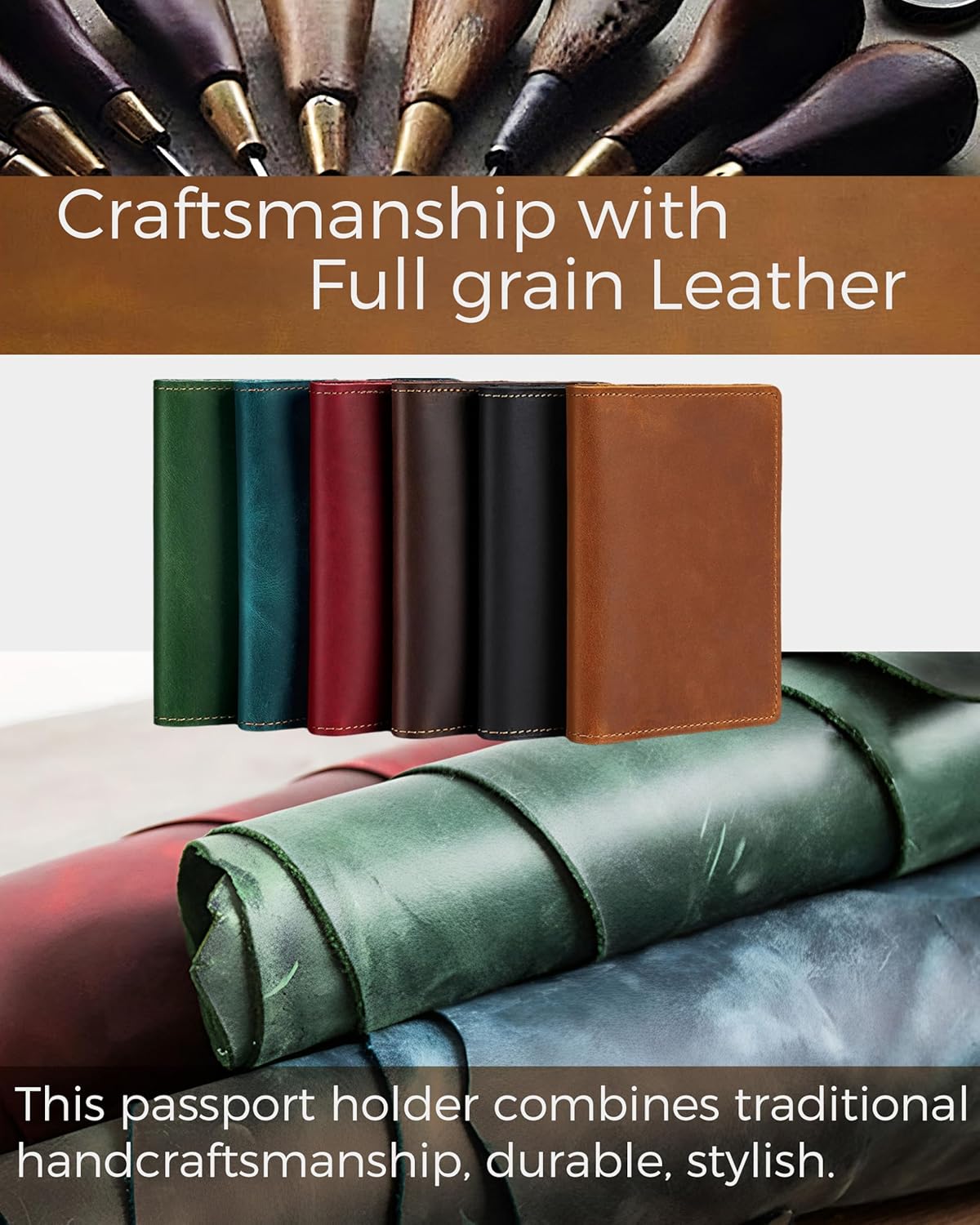 Leather passport holder with AirTag slot, RFID blocking, slim travel wallet.