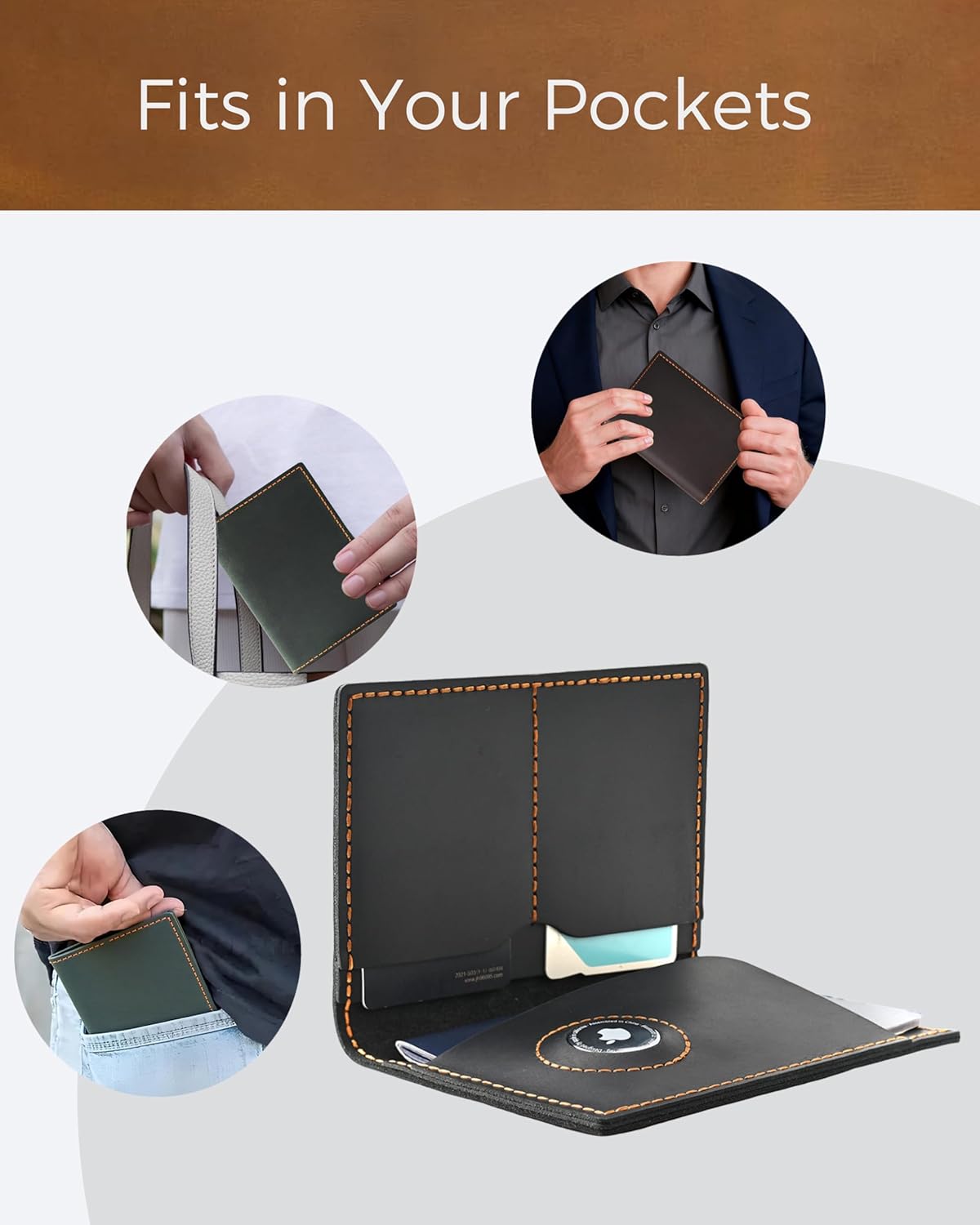 Leather passport holder with AirTag slot, RFID blocking, slim travel wallet.