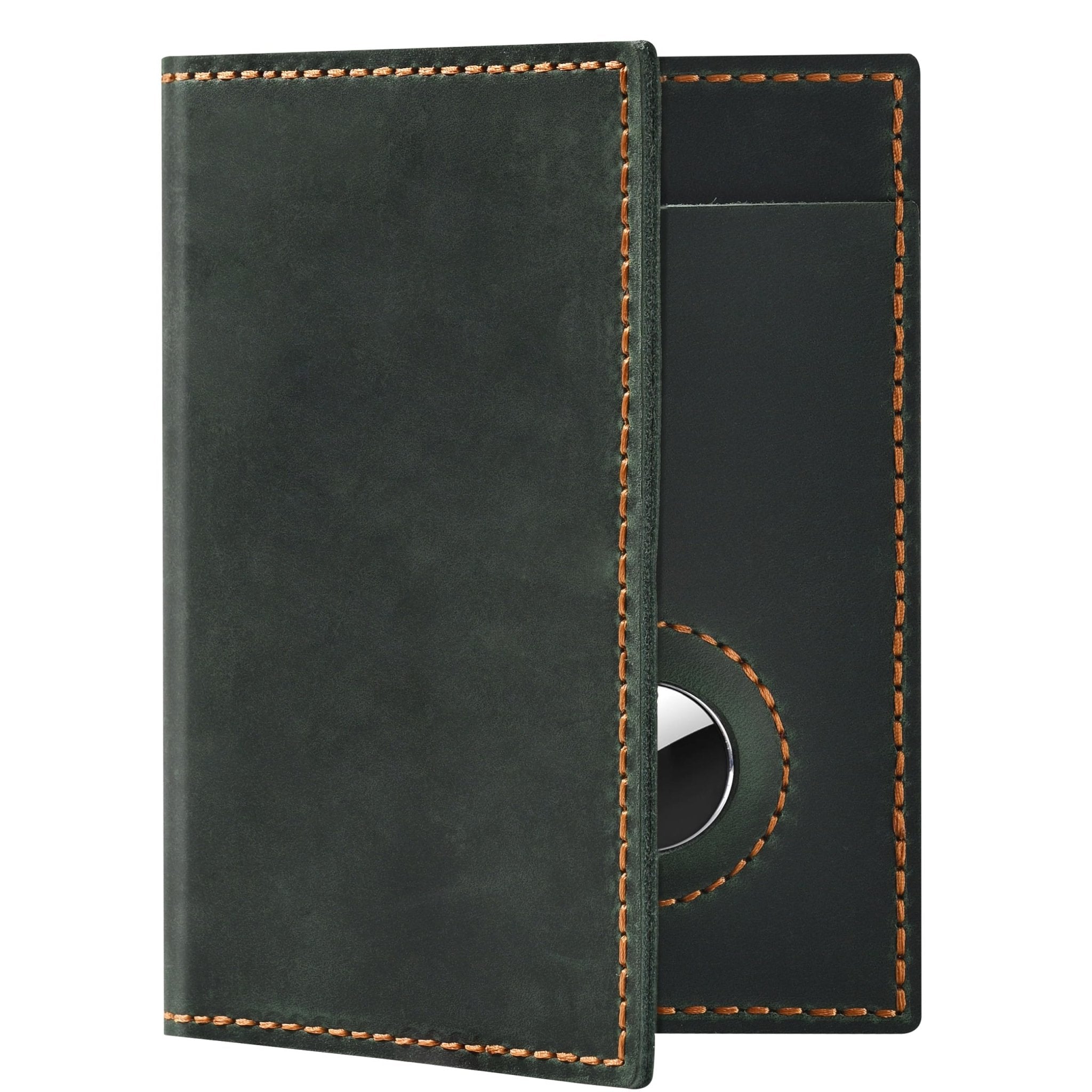 Leather Passport Holder with AirTag Slot RFID Slim Travel Wallet