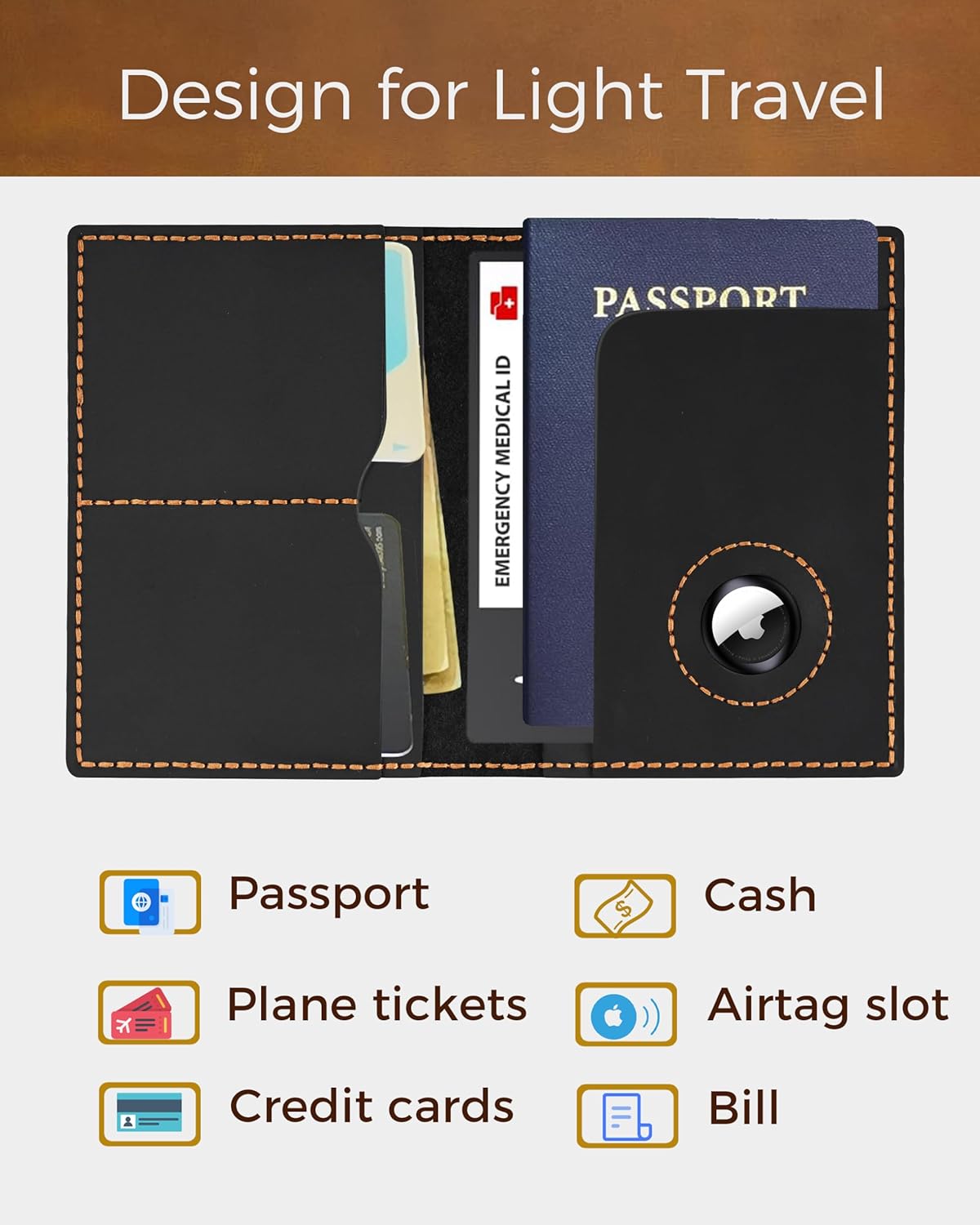 Leather passport holder with AirTag slot, RFID blocking, slim travel wallet.