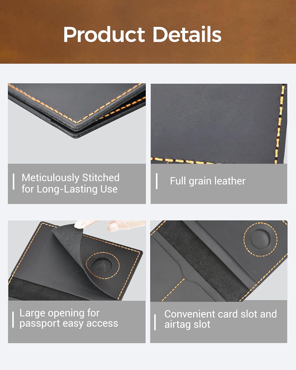 Leather passport holder with AirTag slot, RFID blocking, slim travel wallet.