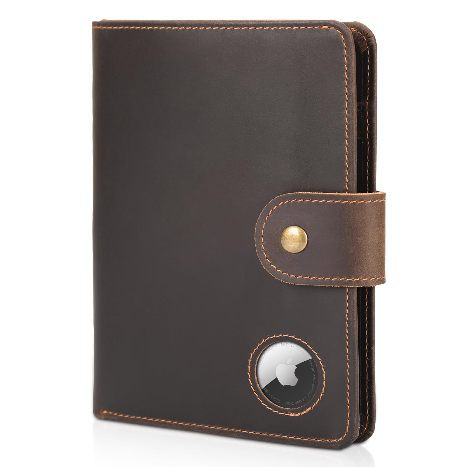 Leather Passport Holder with AirTag Slot RFID Blocking Travel Wallet