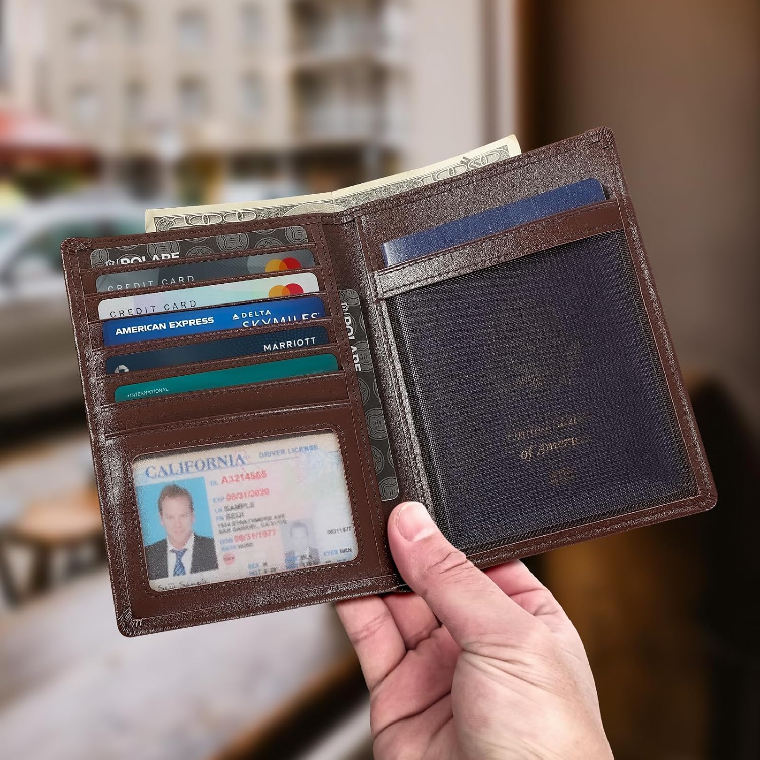 Leather Passport Holder with AirTag Slot RFID Blocking Travel Wallet