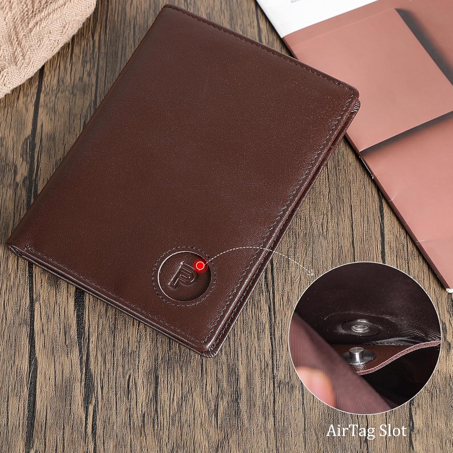 Leather Passport Holder with AirTag Slot RFID Blocking Travel Wallet