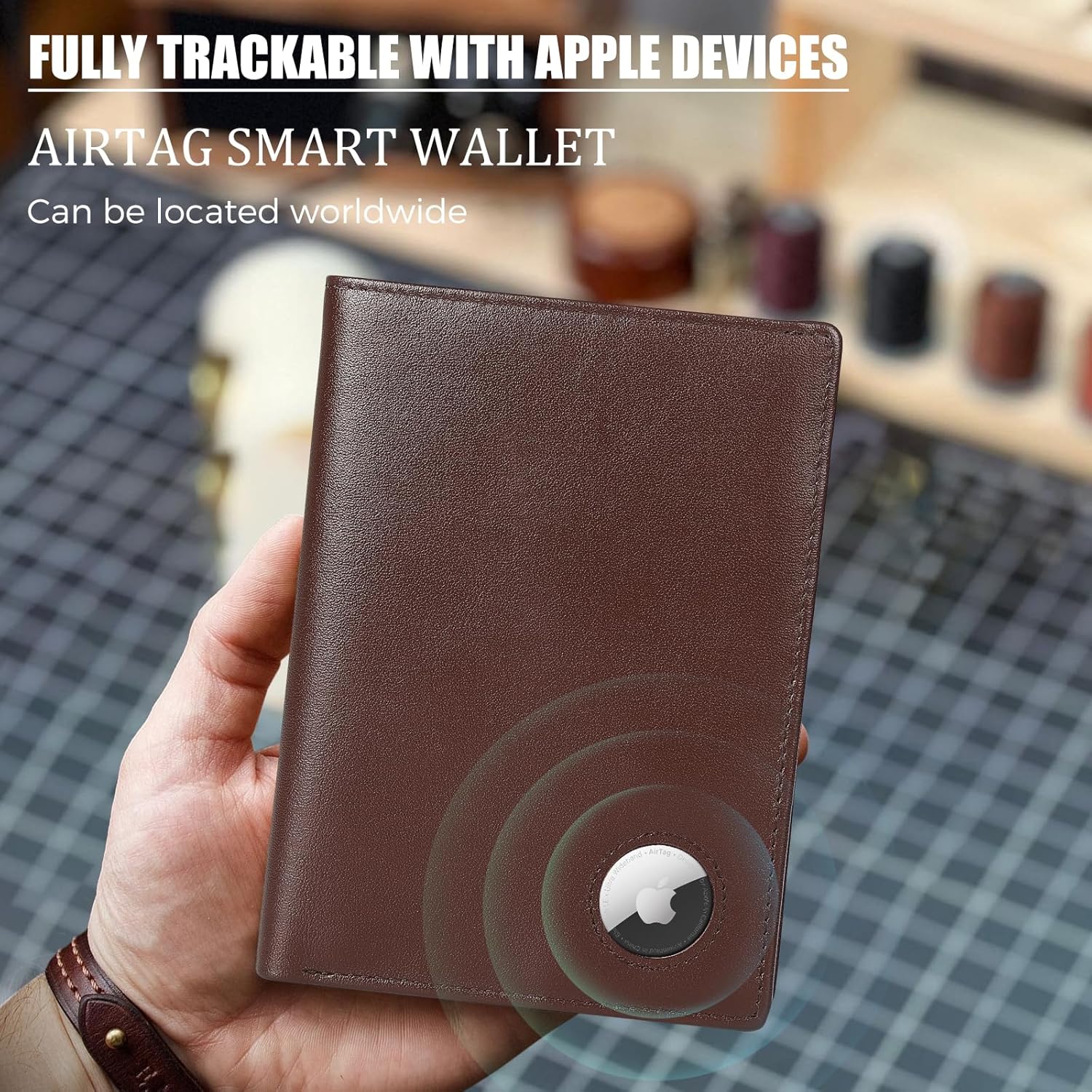 Leather Passport Holder with AirTag Slot RFID Blocking Travel Wallet