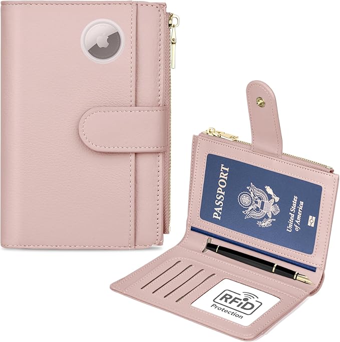 Leather Passport Holder with AirTag Slot RFID Travel Wallet Organizer