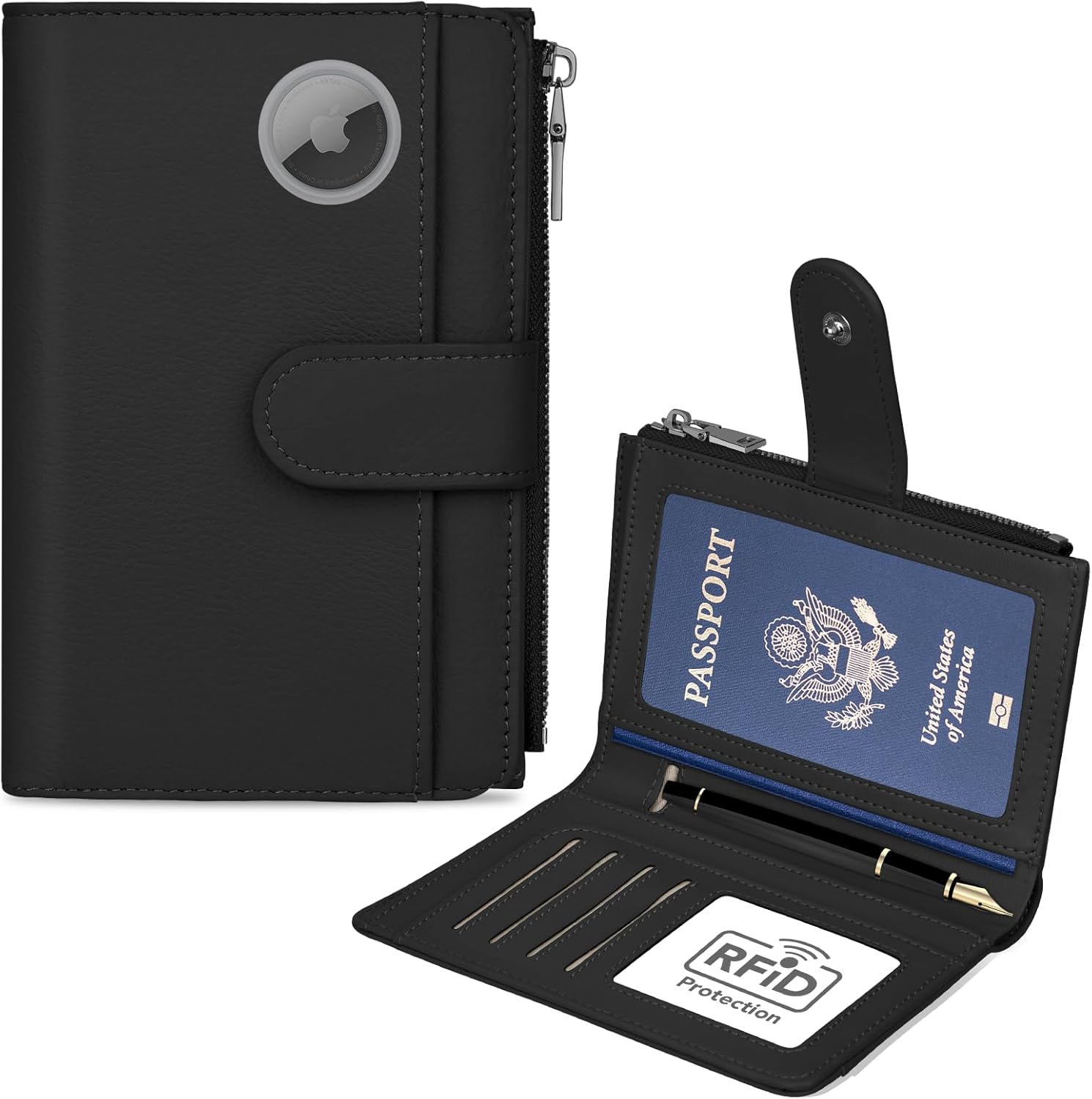 Leather Passport Holder with AirTag Slot RFID Travel Wallet Organizer