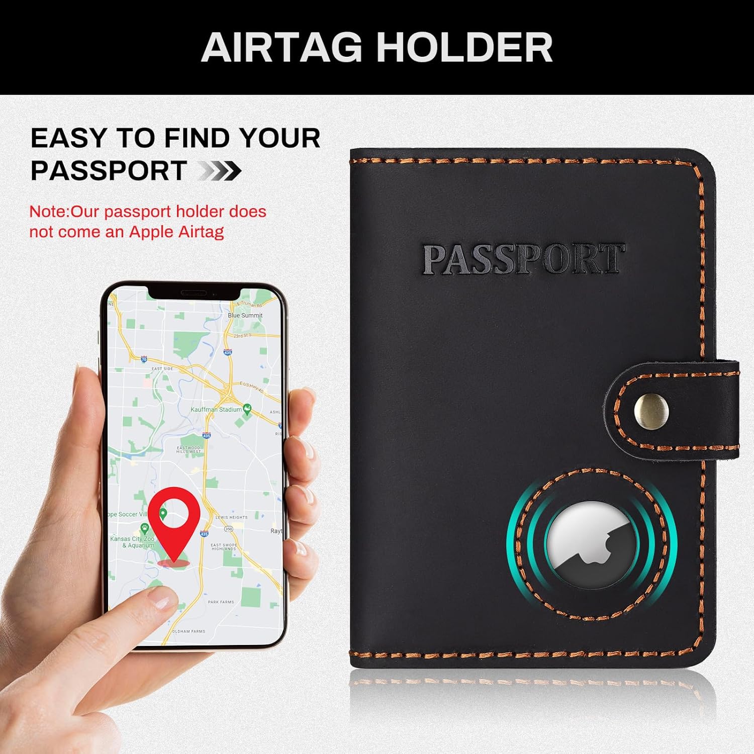 Leather Passport Holder with AirTag Slot Slim Travel Wallet Case