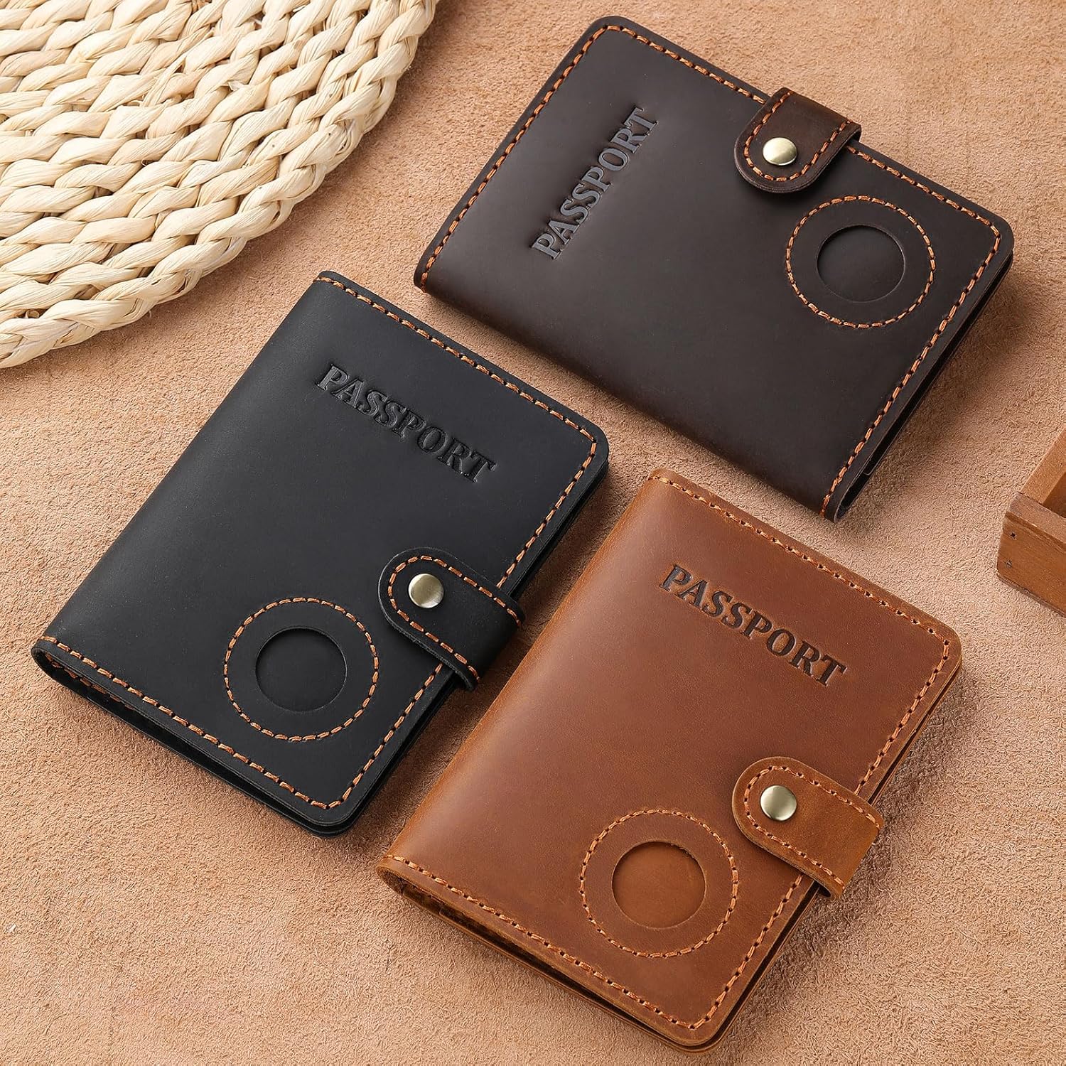 Leather Passport Holder with AirTag Slot Slim Travel Wallet Case