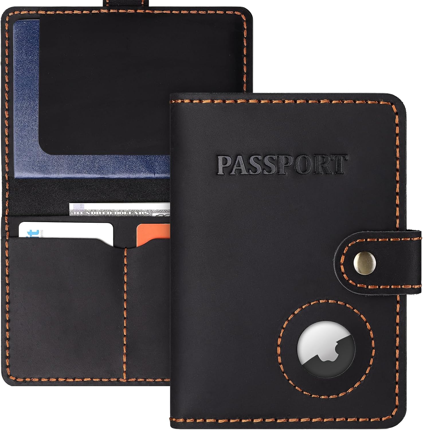Leather Passport Holder with AirTag Slot Slim Travel Wallet Case