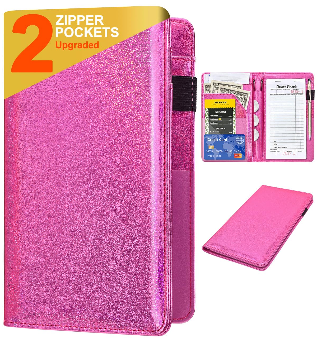 Leather Server Book Waitress Wallet with Zipper Money Pocket