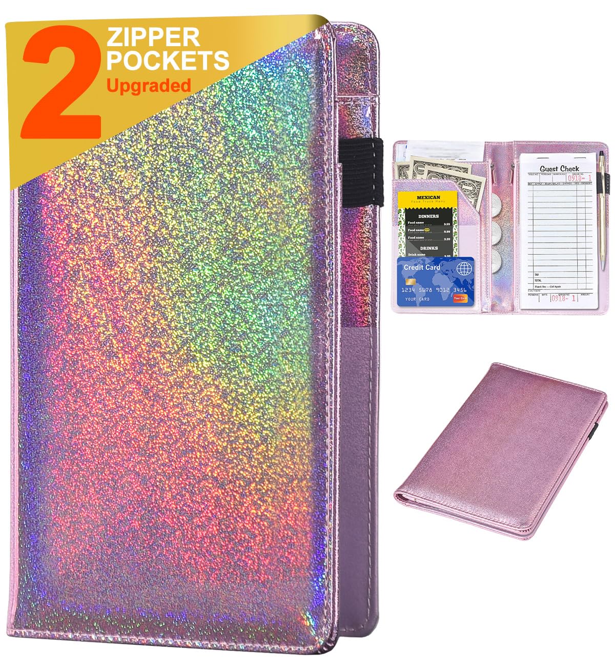 Leather Server Book Waitress Wallet with Zipper Money Pocket