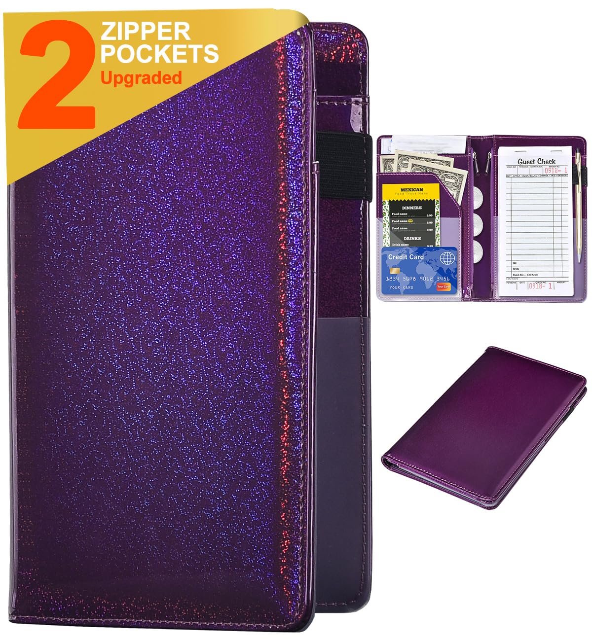 Leather Server Book Waitress Wallet with Zipper Money Pocket
