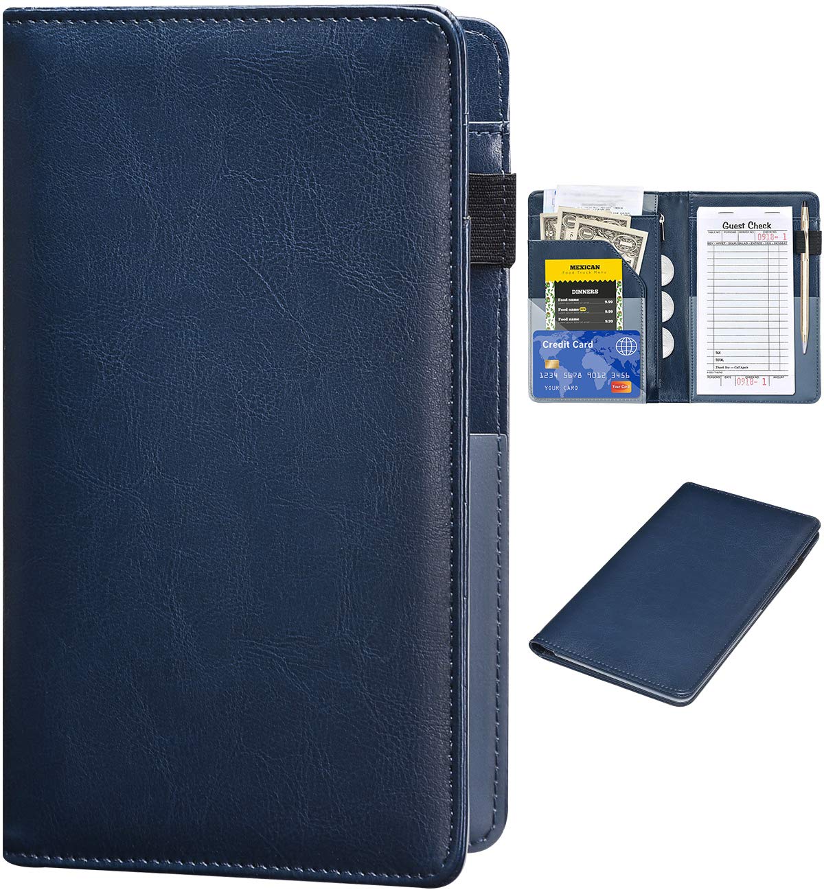 Leather Server Book Waitress Wallet with Zipper Money Pocket
