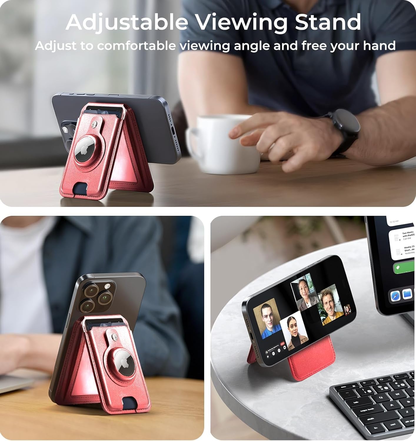 Magnetic Wallet Stand with AirTag Holder for iPhone 15/14/13/12 – RFID Blocking, Vegan Leather, Adjustable Stand - Abbycart