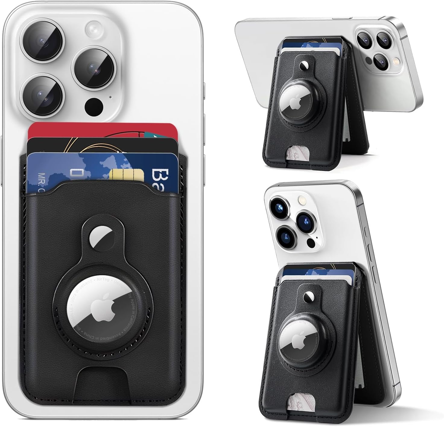Magnetic Wallet Stand with AirTag Holder for iPhone 15/14/13/12 – RFID Blocking, Vegan Leather, Adjustable Stand - Abbycart