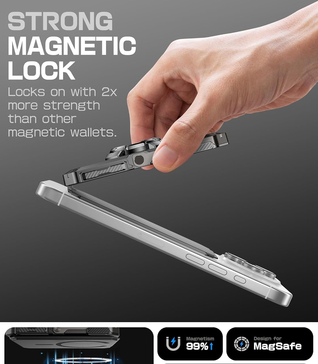 Metallic gray heavy-duty MagSafe magnetic phone wallet featuring an integrated 5-card holder slot and an adjustable armor-style tripod stand for hands-free viewing.