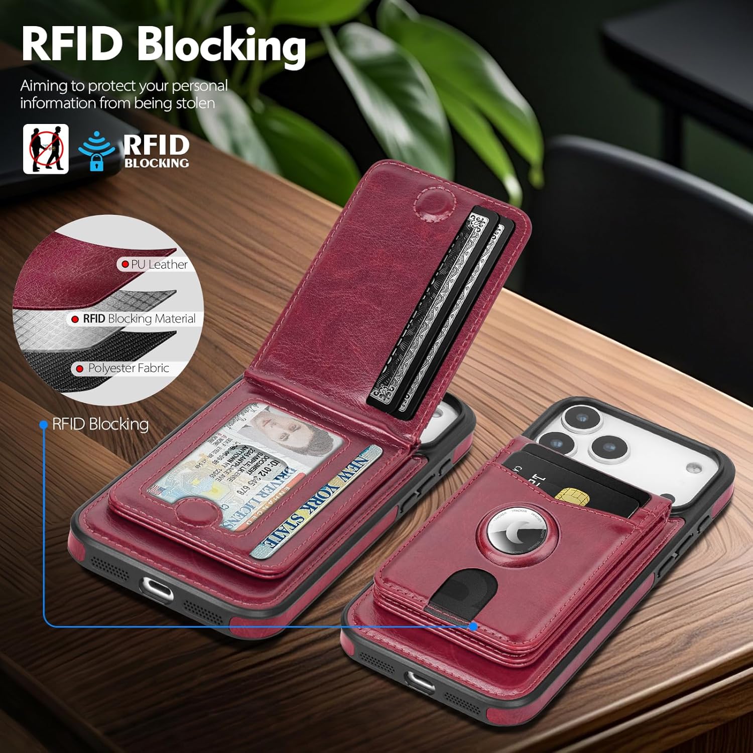 MagSafe Wallet Case for iPhone 17 Pro Max with AirTag Holder, RFID Card Slots & Kickstand