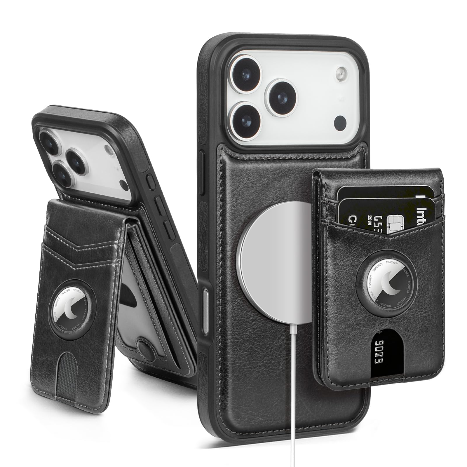 MagSafe Wallet Case for iPhone 17 Pro Max with AirTag Holder, RFID Card Slots & Kickstand