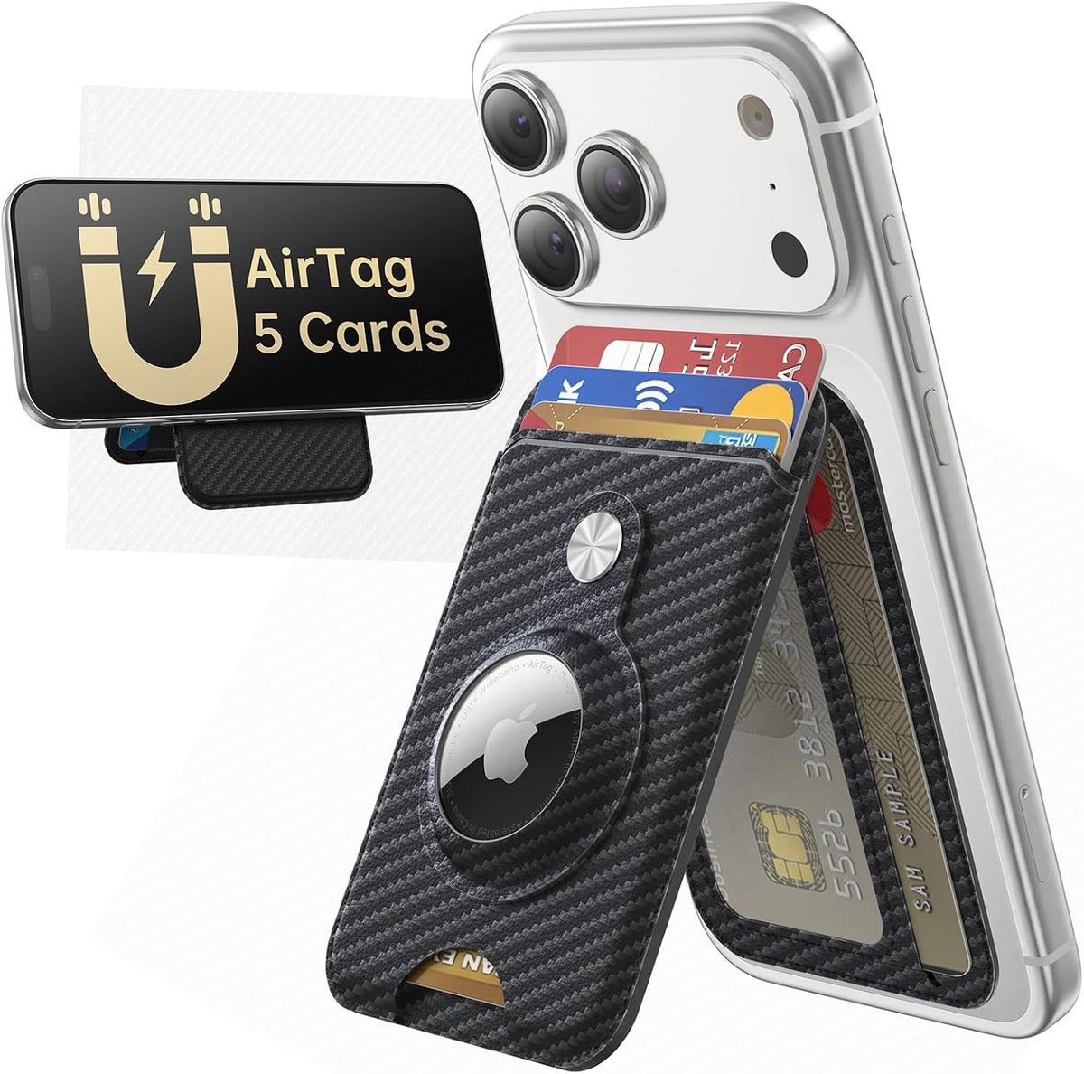 MagSafe Wallet with AirTag Holder, 5 Card Slots & Phone Stand