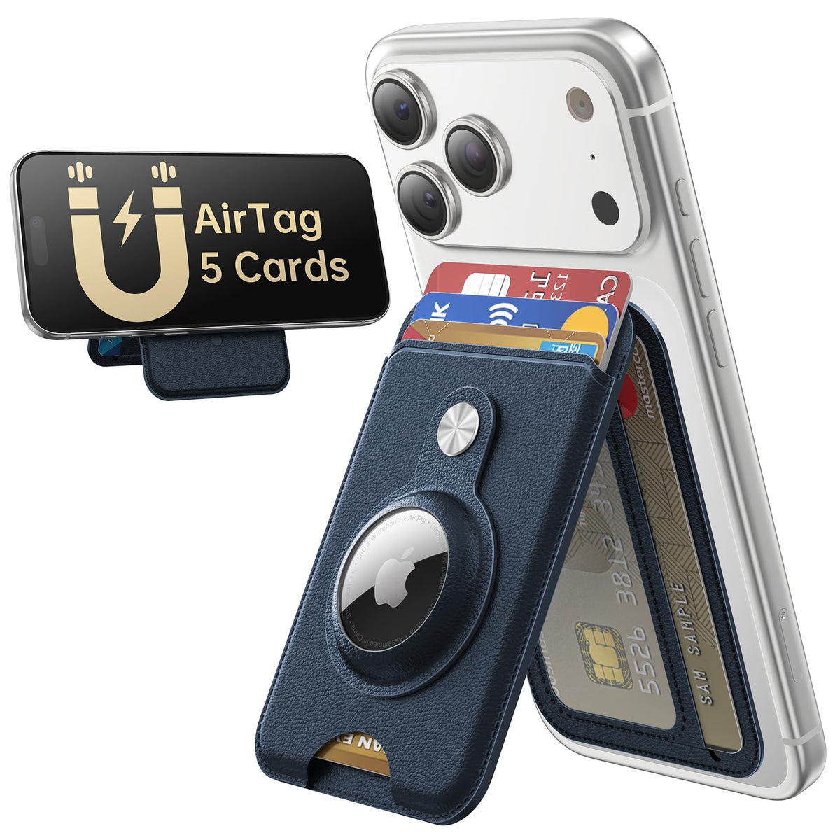 MagSafe Wallet with AirTag Holder, 5 Card Slots & Phone Stand