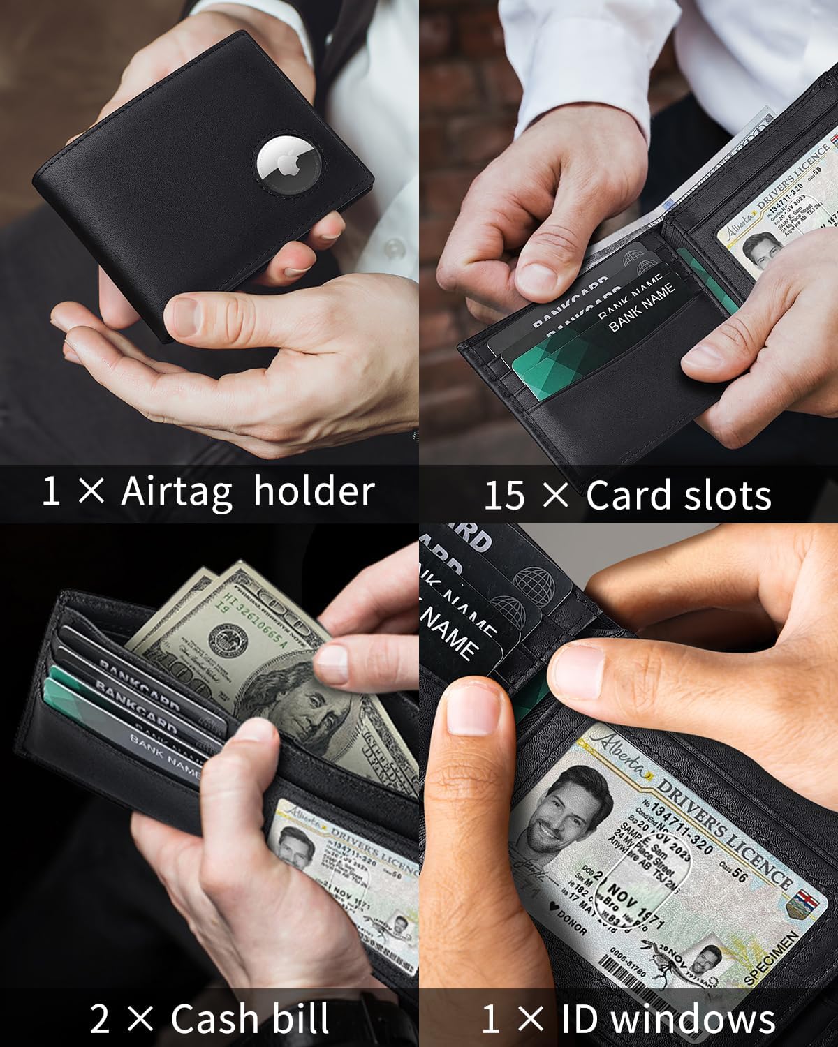 Men’s AirTag Wallet Genuine Leather RFID Blocking Bifold with 14 Card Slots