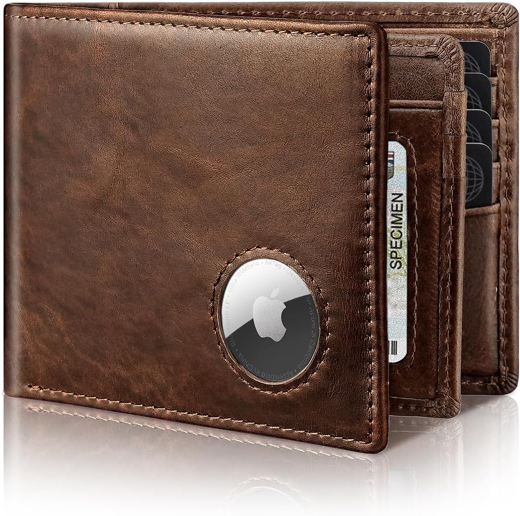 Men’s AirTag Wallet Genuine Leather RFID Blocking Bifold with 14 Card Slots