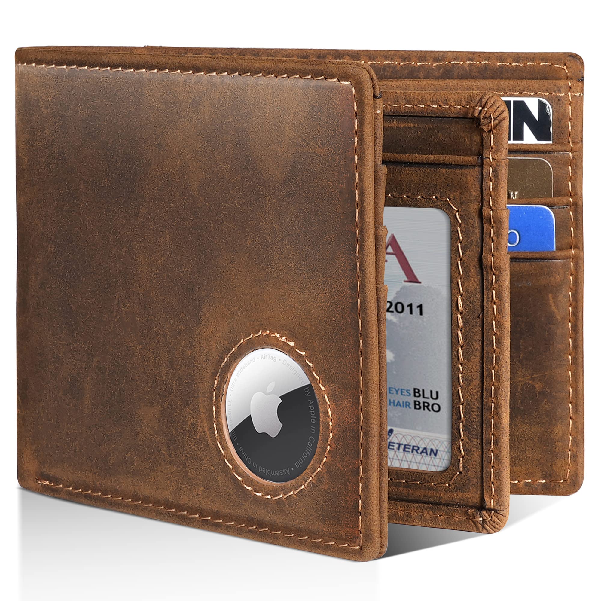 Men’s AirTag Wallet Leather RFID Blocking Bifold 13 Card Slots (Casual)