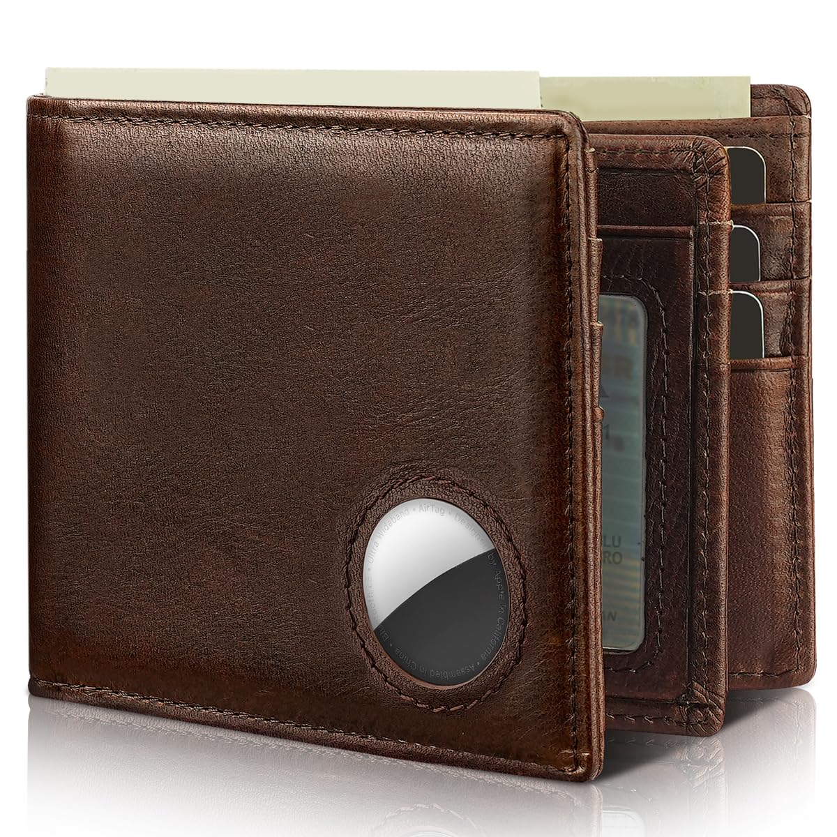 Men’s AirTag Wallet Leather RFID Blocking Bifold 13 Card Slots (Casual)