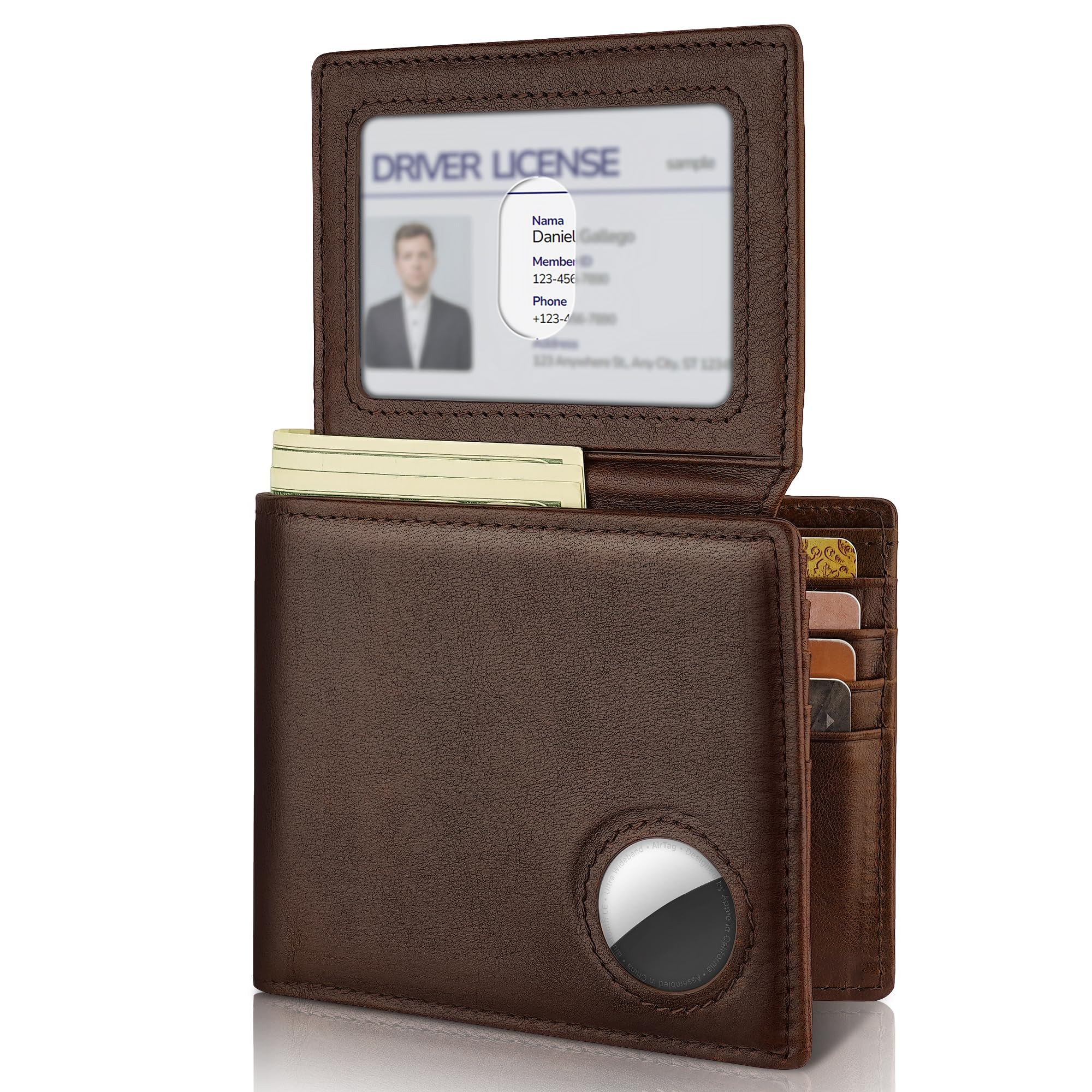 Men’s AirTag Wallet Leather RFID Blocking Bifold 13 Card Slots (Classic)