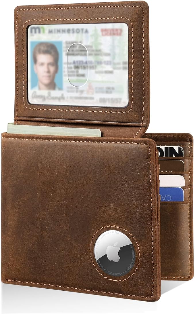 Men’s AirTag Wallet Leather RFID Blocking Bifold 13 Card Slots (Classic)