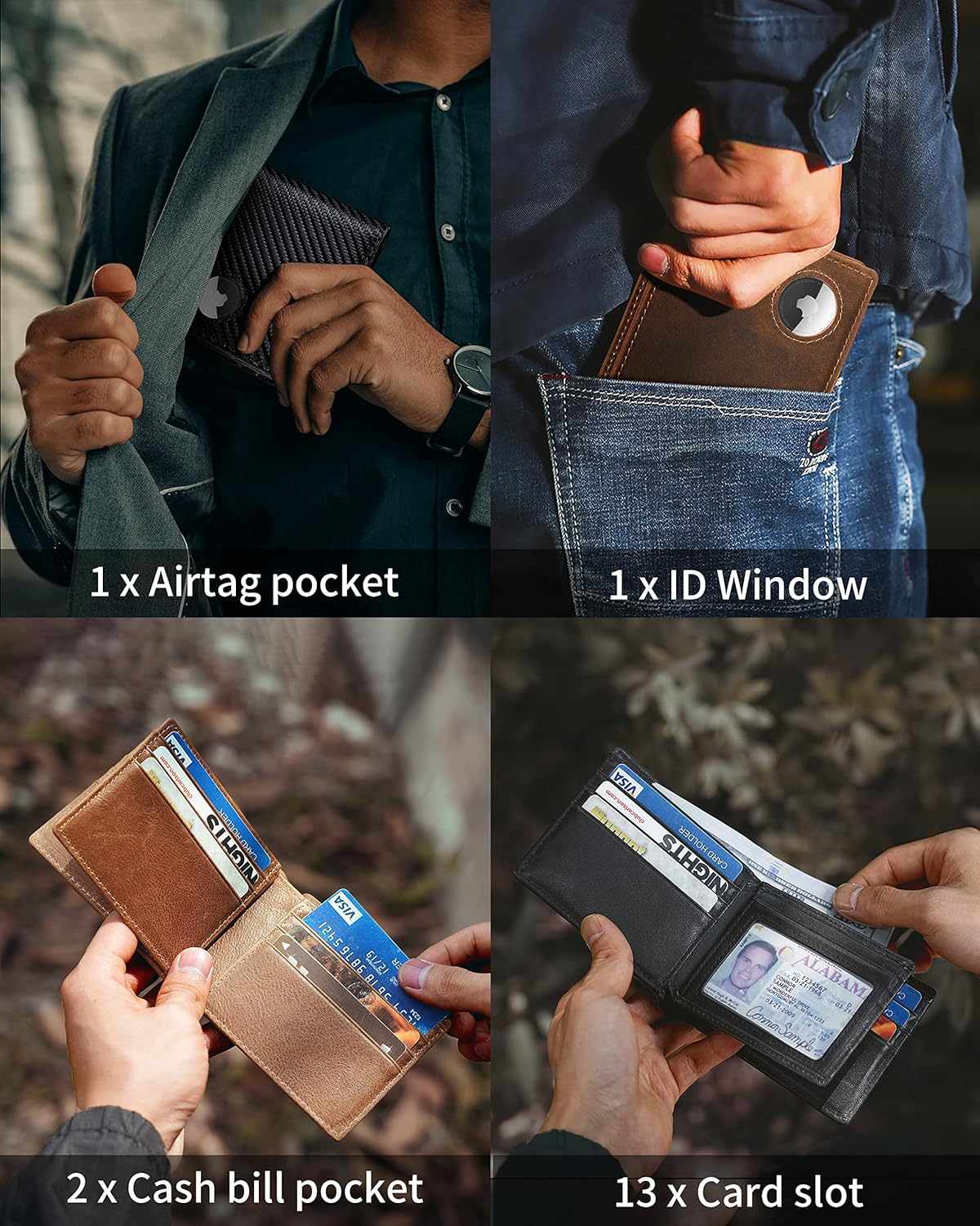 Men’s AirTag Wallet Leather RFID Blocking Bifold 13 Card Slots (Retro)