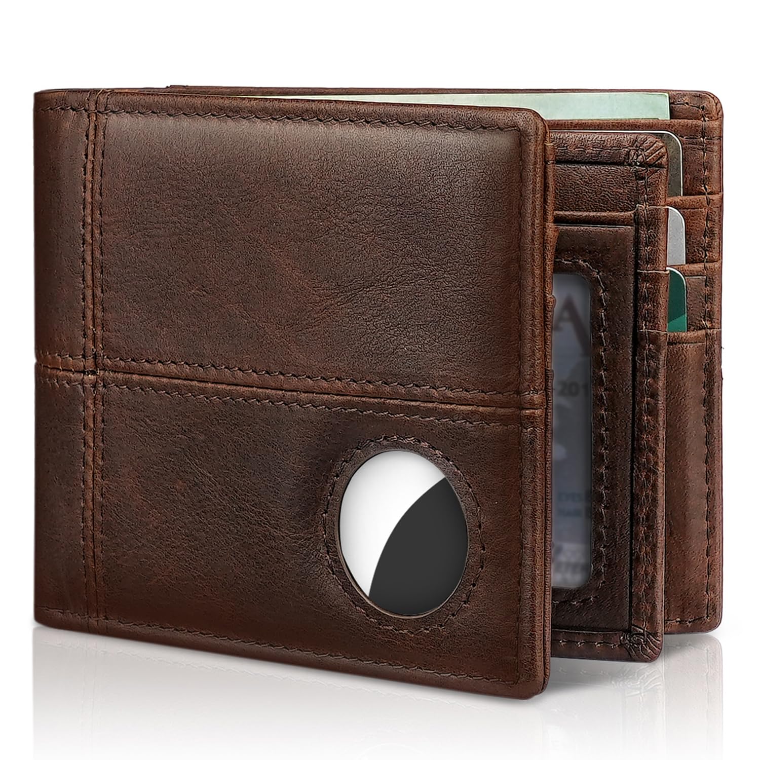 Men’s AirTag Wallet Leather RFID Blocking Bifold 13 Card Slots (Retro)