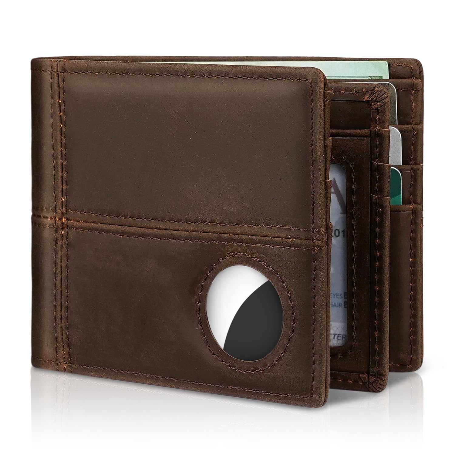 Men’s AirTag Wallet Leather RFID Blocking Bifold 13 Card Slots (Retro)