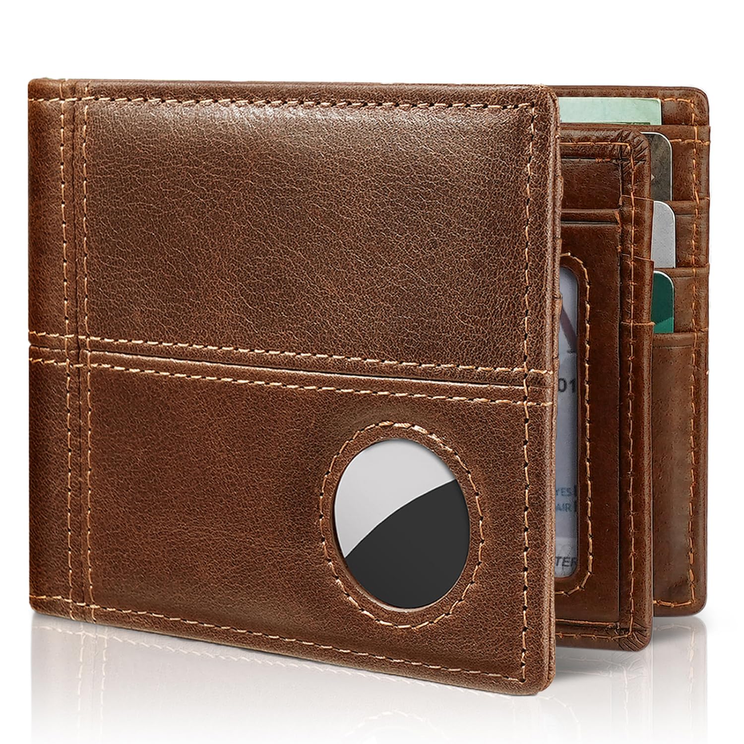 Men’s AirTag Wallet Leather RFID Blocking Bifold 13 Card Slots (Retro)