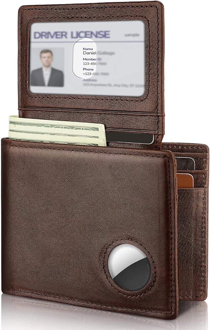 Men’s AirTag Wallet Leather RFID Blocking Bifold 13 Card Slots (Vintage)