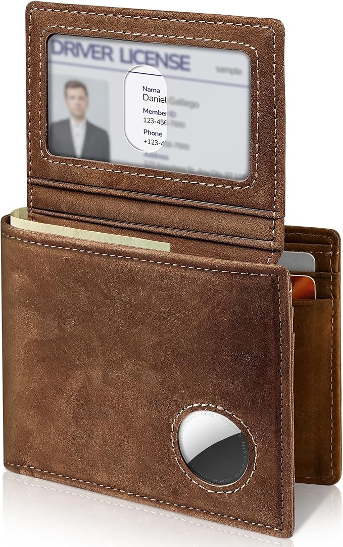 Men’s AirTag Wallet Leather RFID Blocking Bifold 13 Card Slots (Vintage)