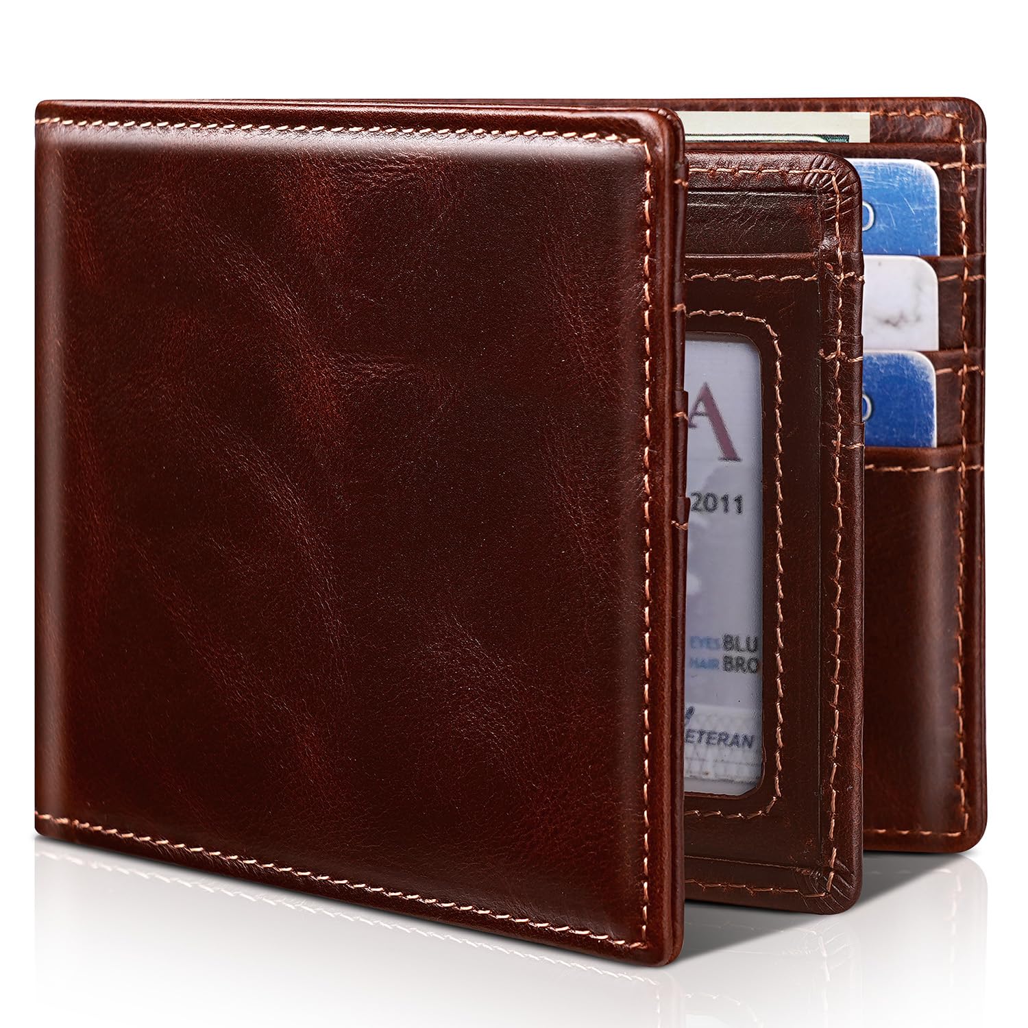 Men's Genuine Leather RFID Bifold Wallet 13 Card Slots Brown Gift Box