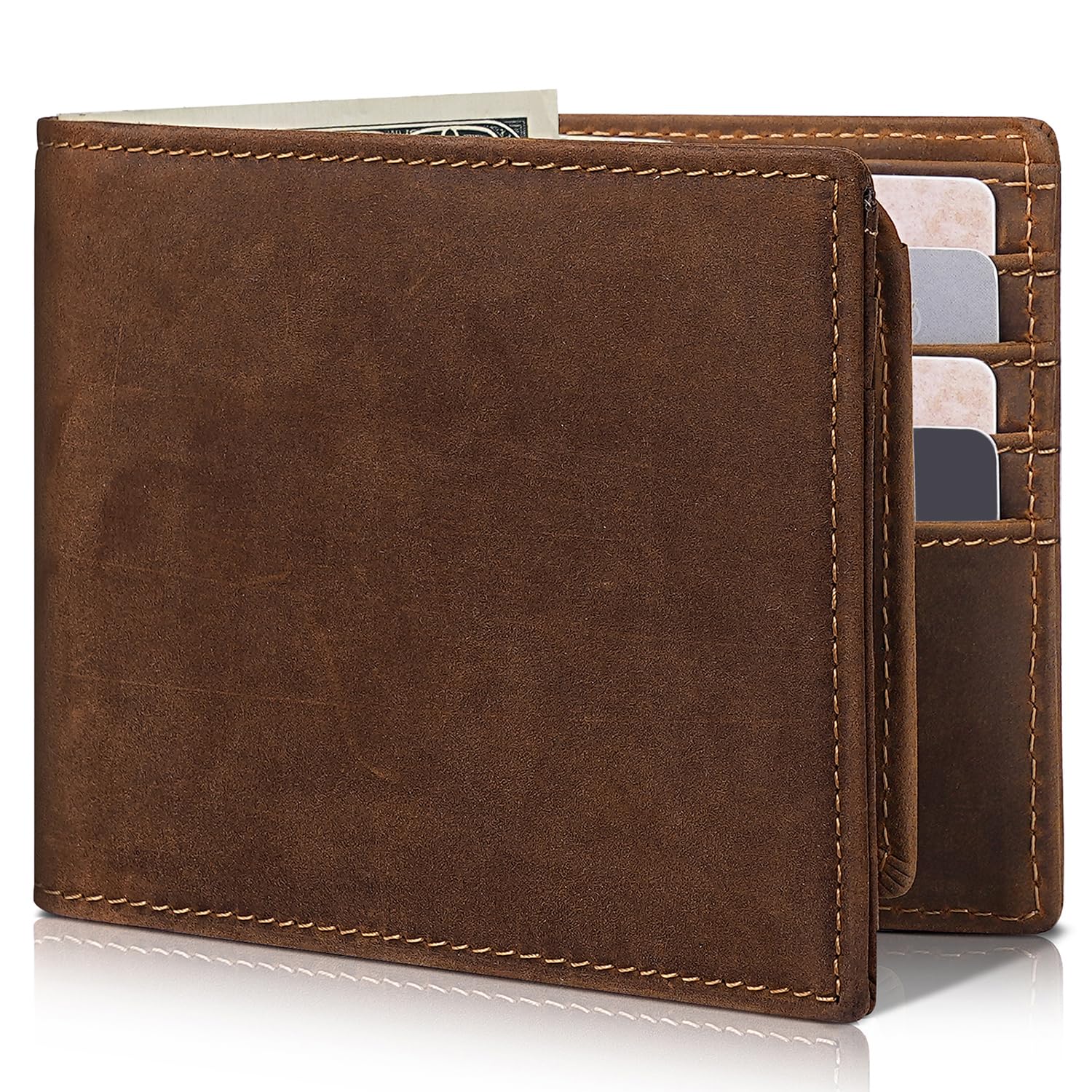 Men's Genuine Leather RFID Bifold Wallet 13 Card Slots Brown Gift Box