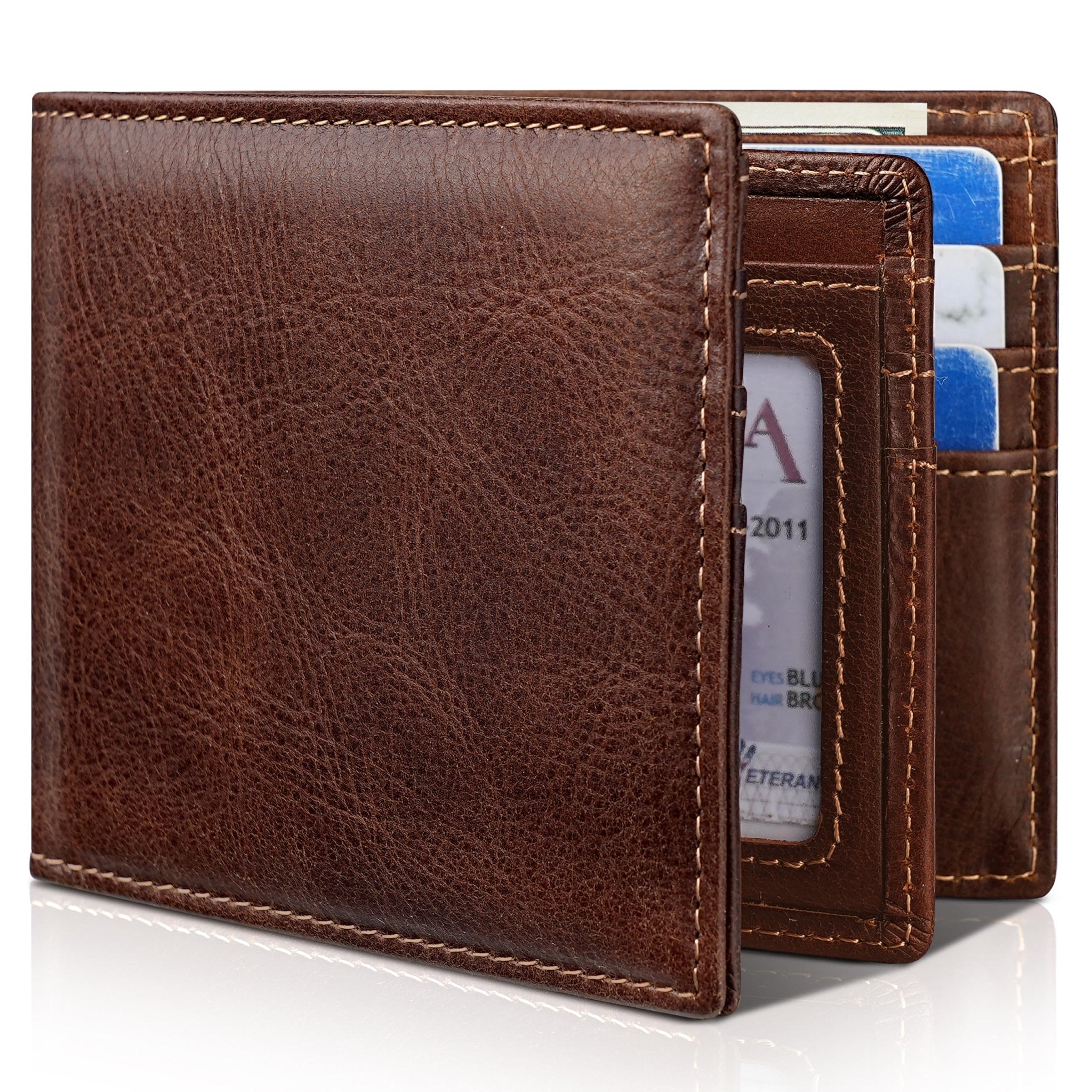 Men's Genuine Leather RFID Bifold Wallet 13 Card Slots Brown Gift Box
