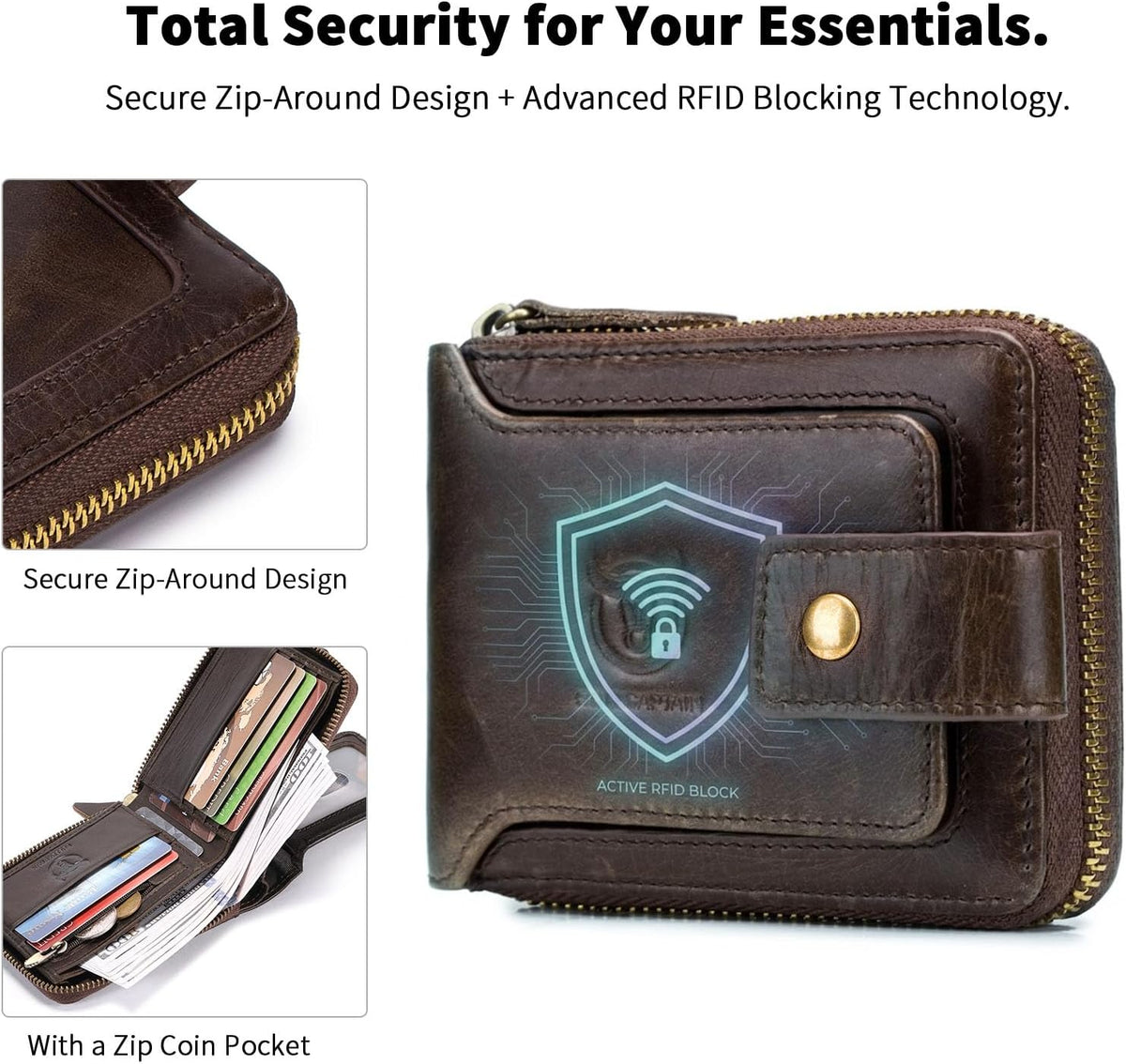 RFID blocking leather wallet with zip-around security